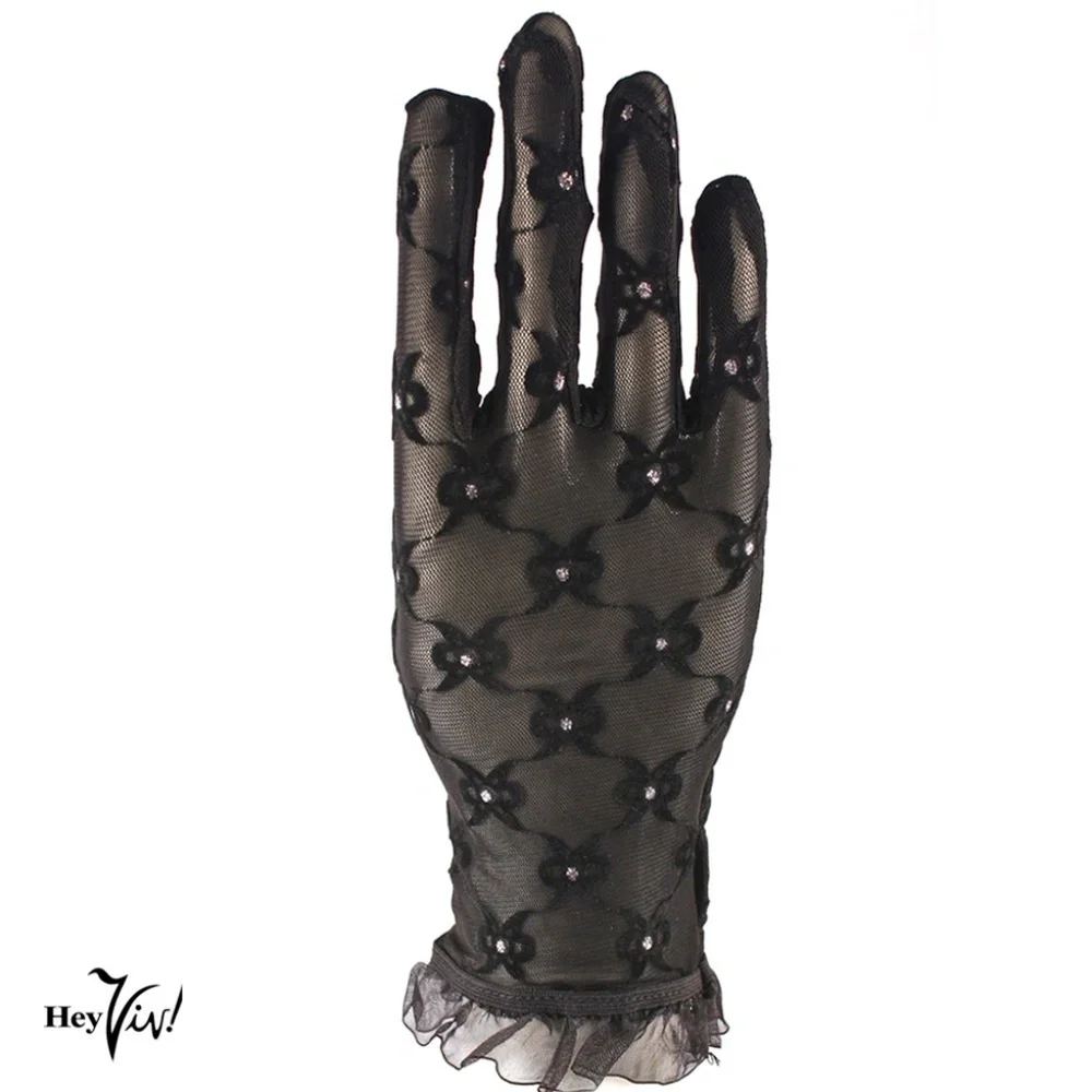 Sheer Black Gloves Wrist Ruffles w Touch of Glitter Bow Design Party Prom